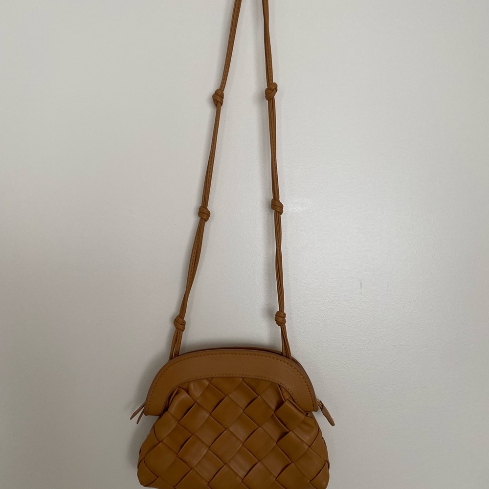 Mango Light Brown Woven Crossbody Bag w Zip Top Closure